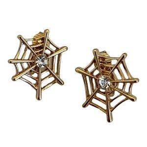 New Vintage Halloween Earrings Spider Web Clip On Crystal Accented - 6P
